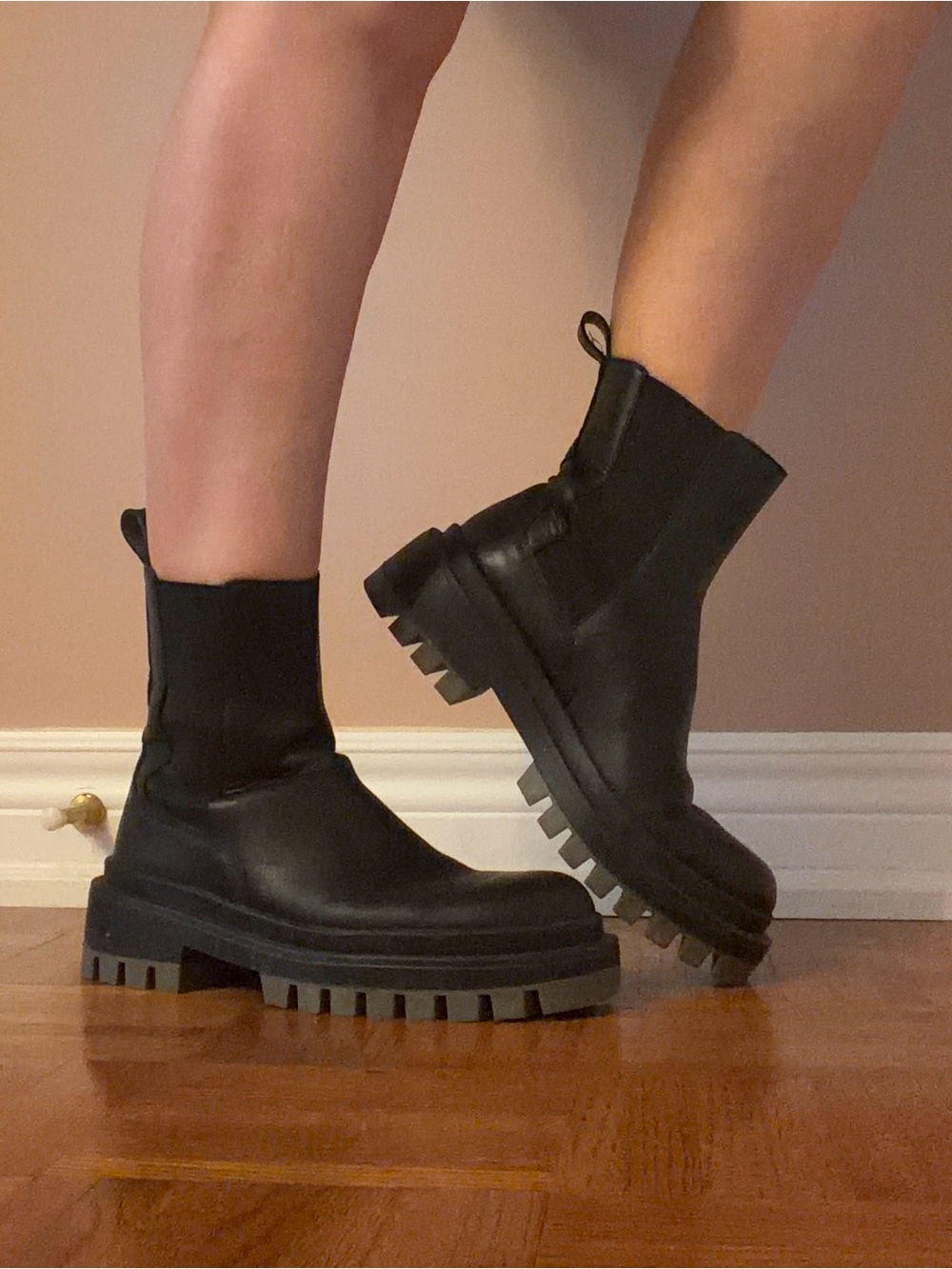 ZARA Leather Black Chunky Lug Sole Chelsea Boots